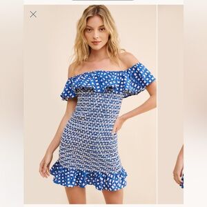 Corey Lynn Calter Blue and White Off-Shoulder Mini Dress